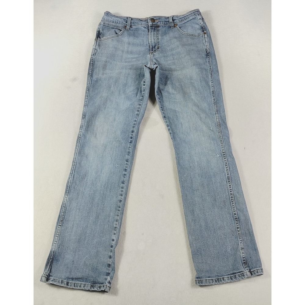 Wrangler Jeans Mens 33 Blue Retro Relaxed Bootcut Distressed Cowboy WRT20HL
